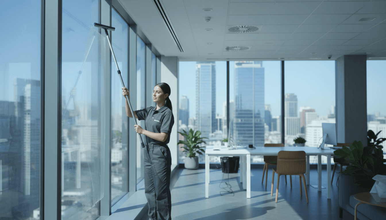 Window cleaner at work on a London building